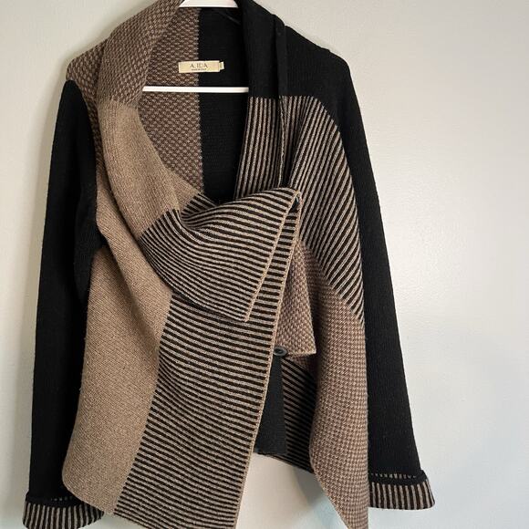 A.IDA Womens Wool Blend Cardigan Sz L Brown Black Colorblock Modernist Fall - Picture 15 of 16